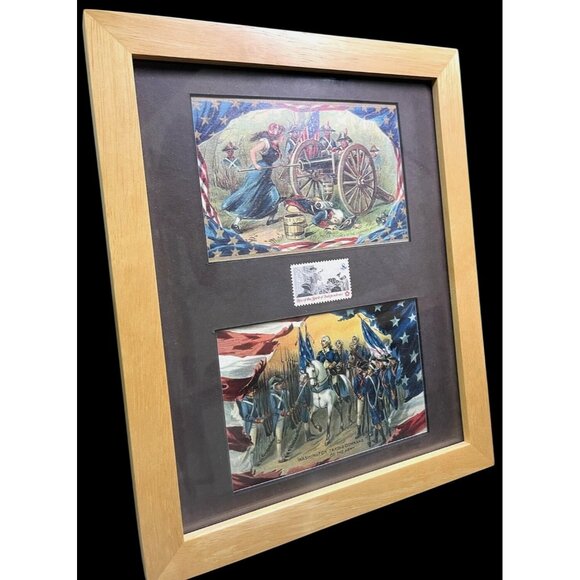 Framed Historical American Stamp Art Depicting Washington & Molly Pitcher - Picture 1 of 8
